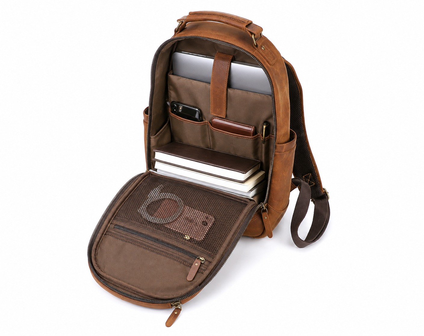 Vintage Genuine Leather Laptop Backpack exact 1688 open interior clean