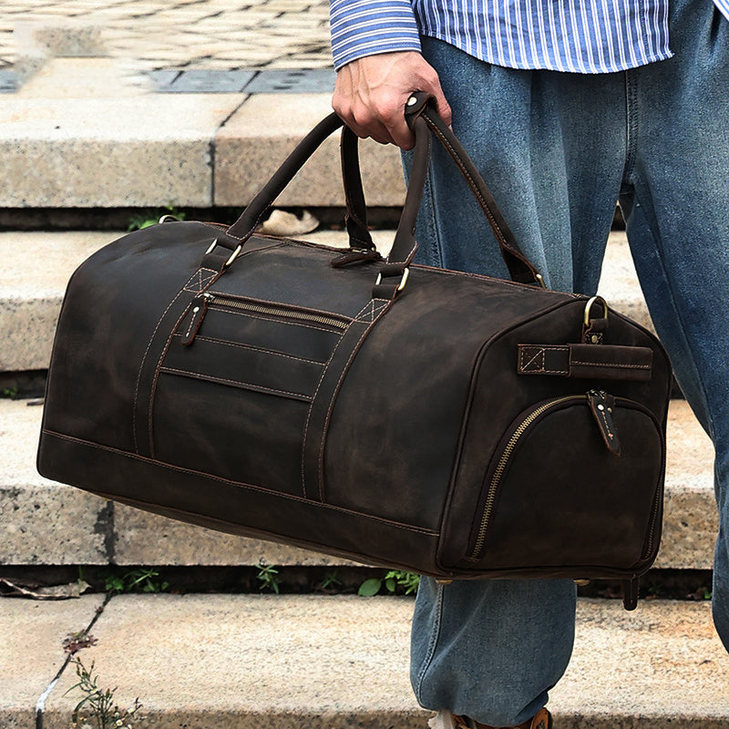 Large Leather Duffle bag With Trolley Sleeve - Woosir