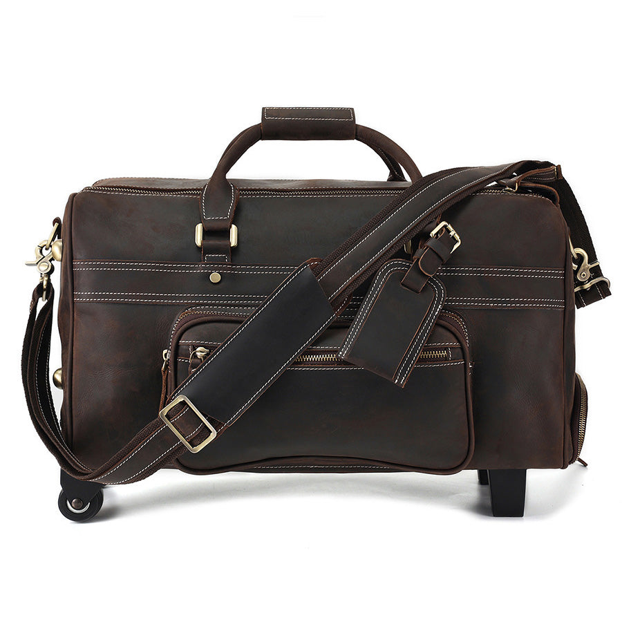 Mens Leather Duffle Bag on Wheels, Coffee