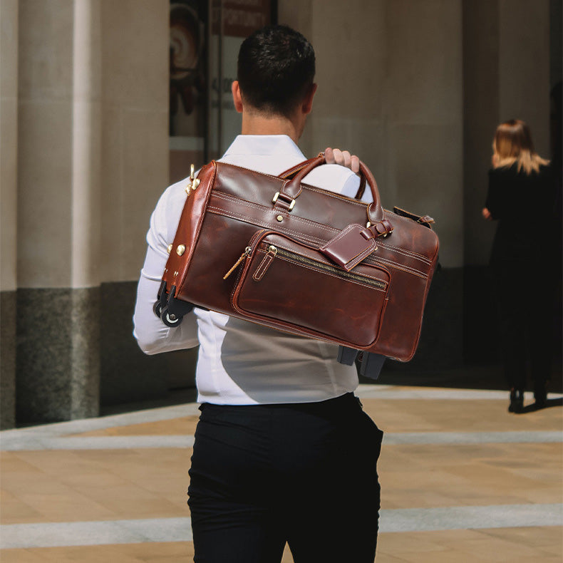 leathario men's leather luggage wheeled duffle leather travel bag Mens Leather Duffle Bag on Wheels