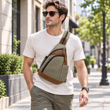 Woosir generated model 1 | vintage-olive-canvas-chest-sling-bag-leather-trim