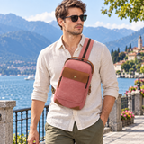 Woosir generated model 2 | pink-canvas-chest-sling-bag-leather-flap