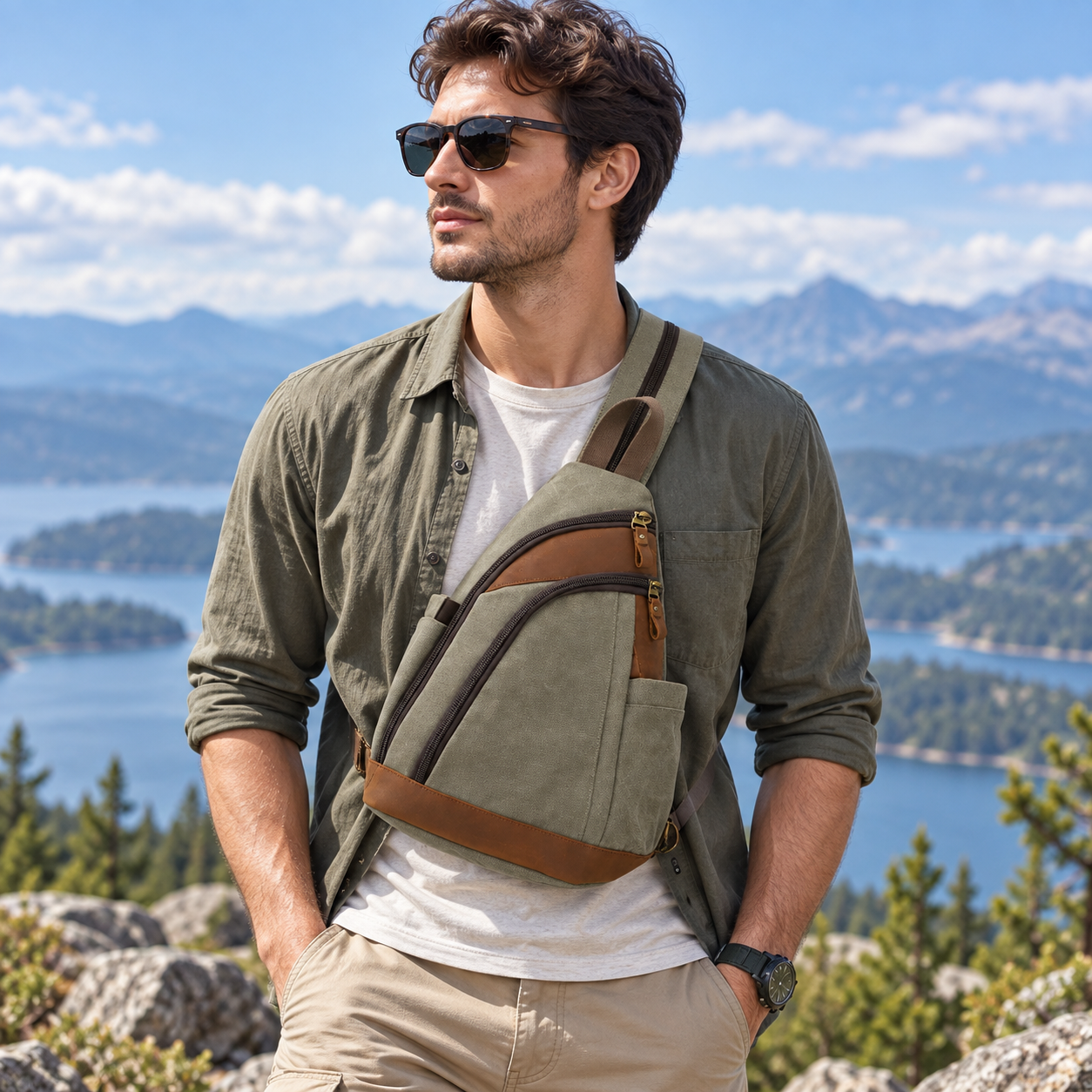 Woosir generated model 2 | vintage-olive-canvas-chest-sling-bag-leather-trim