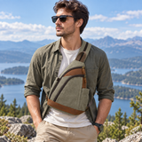Woosir generated model 2 | vintage-olive-canvas-chest-sling-bag-leather-trim