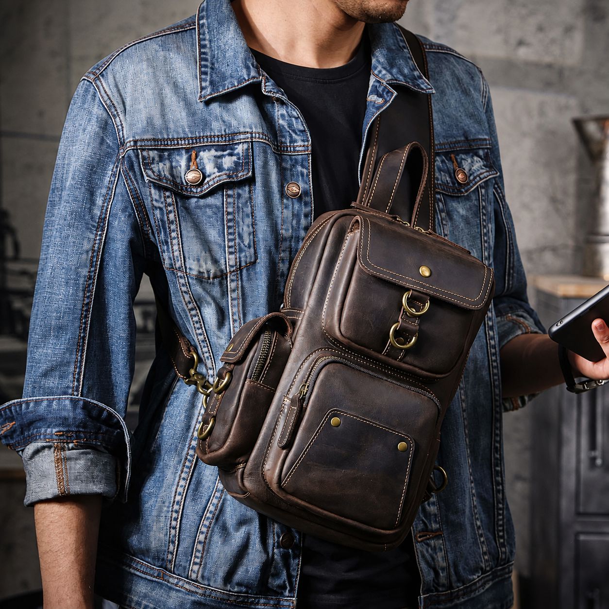 Vintage Leather Multi-Pocket Chest Bag live 1688 cleaned model view