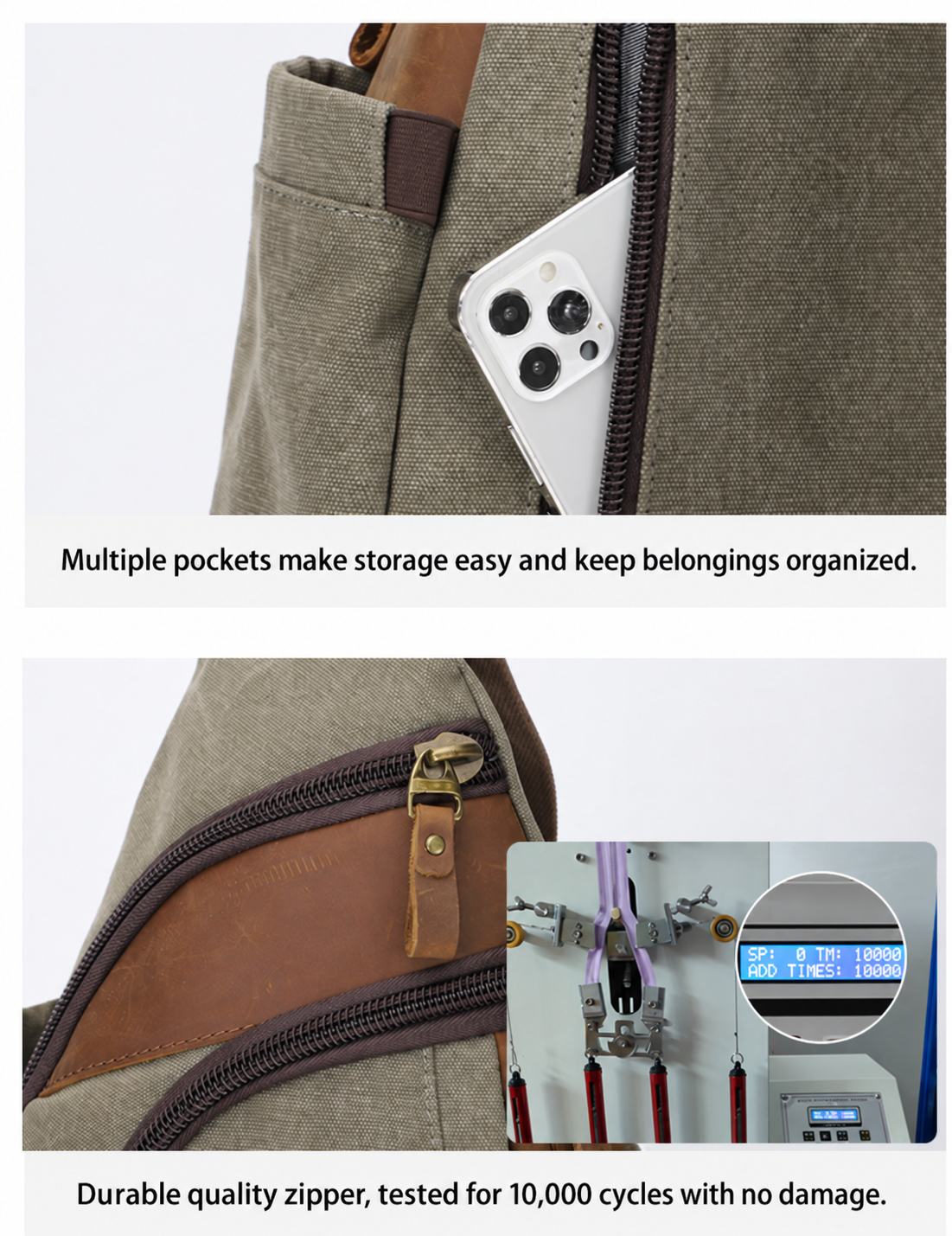 Olive canvas chest sling bag pocket and zipper details