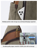 Olive canvas chest sling bag pocket and zipper details