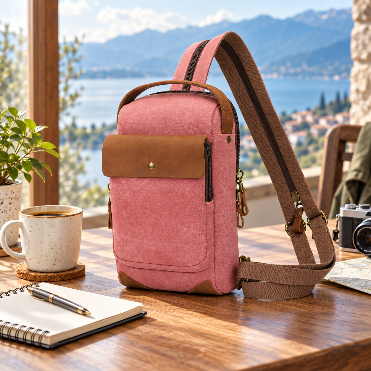 Woosir generated scene 1 | pink-canvas-chest-sling-bag-leather-flap