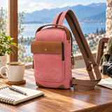 Woosir generated scene 1 | pink-canvas-chest-sling-bag-leather-flap