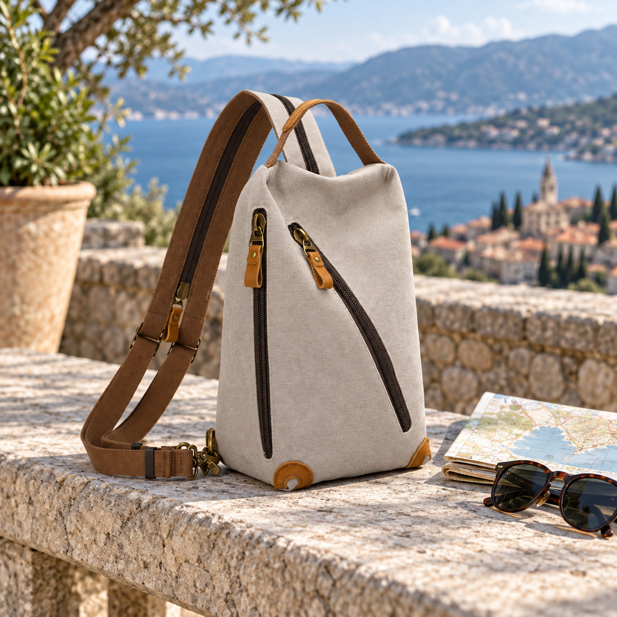 Woosir generated scene 2 | vintage-canvas-chest-sling-bag-double-zippers