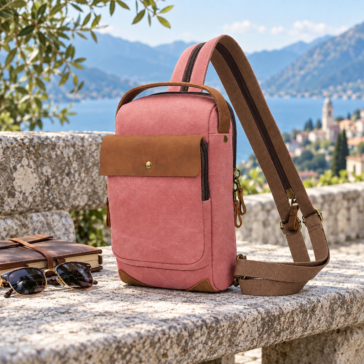 Woosir generated scene 2 | pink-canvas-chest-sling-bag-leather-flap