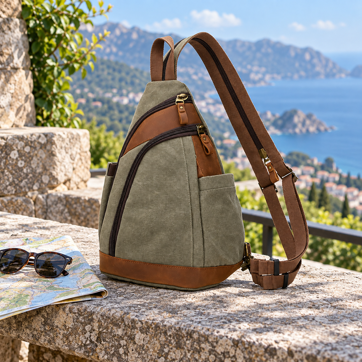 Woosir generated scene 2 | vintage-olive-canvas-chest-sling-bag-leather-trim