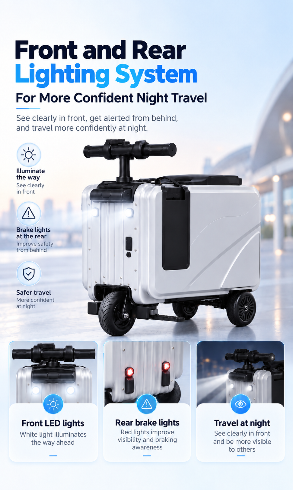 SL03 electric suitcase front LED and rear brake lighting