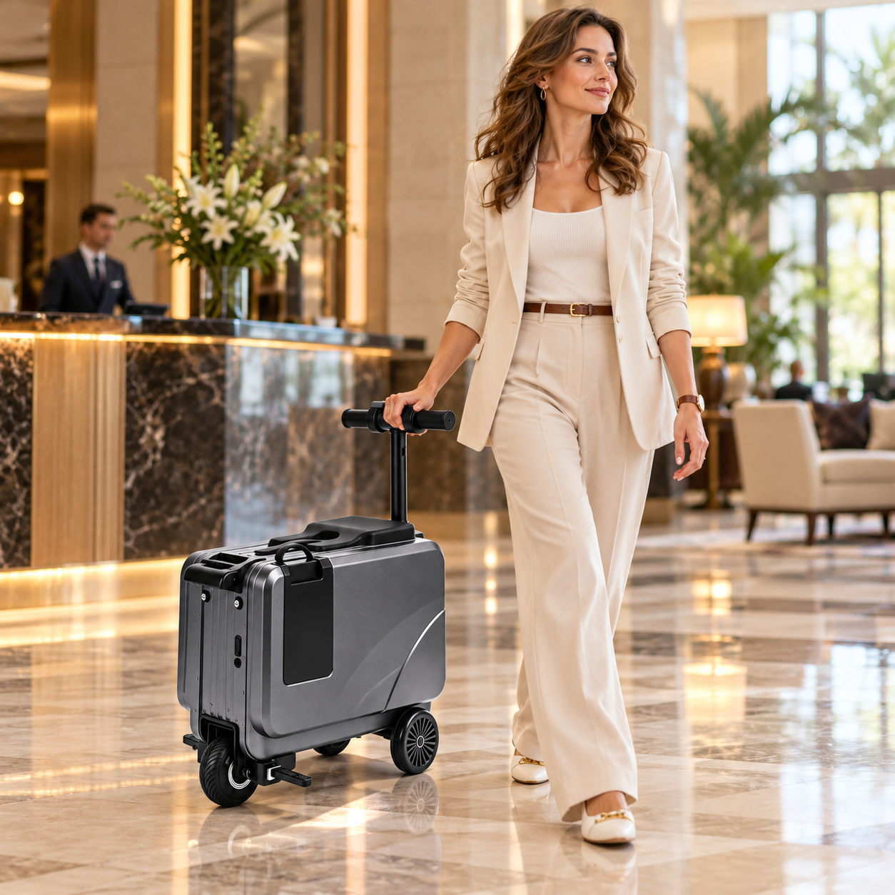 SL03 grey ride-on electric suitcase scooter with European female traveler in hotel lobby