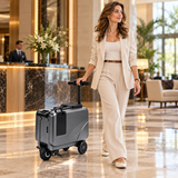 SL03 grey ride-on electric suitcase scooter with European female traveler in hotel lobby