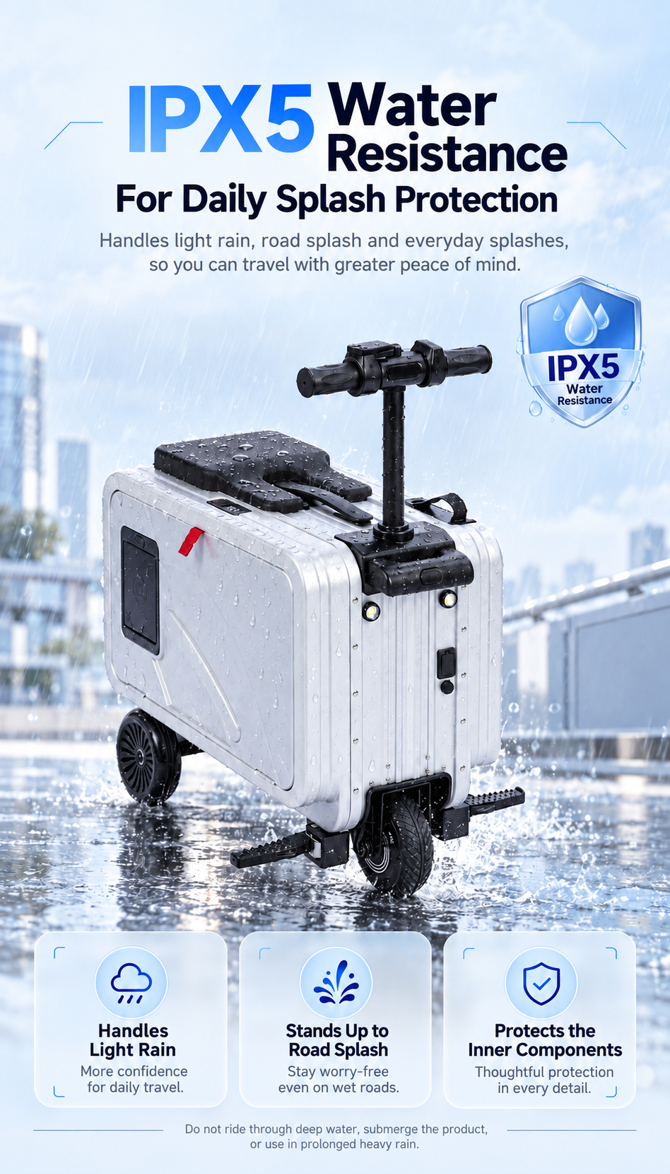 SL03 electric suitcase IPX5 splash resistance