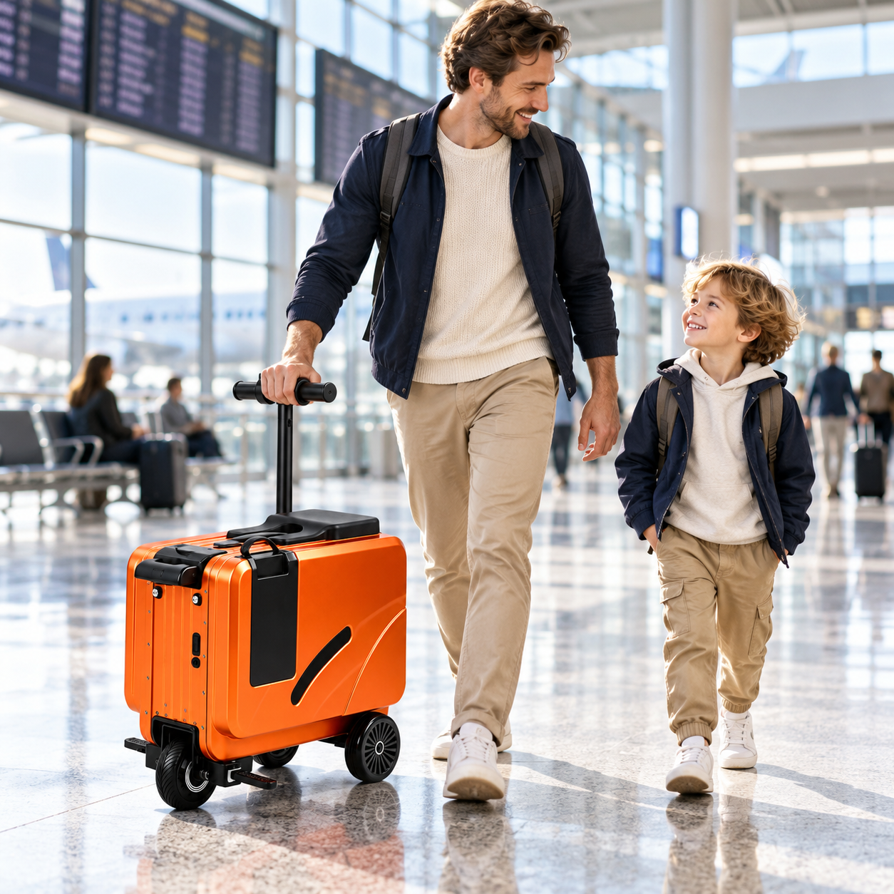 SL03 orange ride-on electric suitcase scooter with father and child at airport