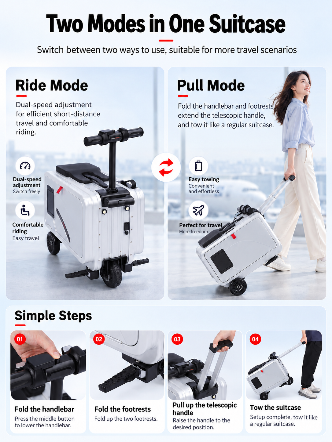 SL03 electric suitcase ride and pull modes