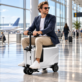 SL03 silver ride-on electric suitcase scooter with European male traveler at airport