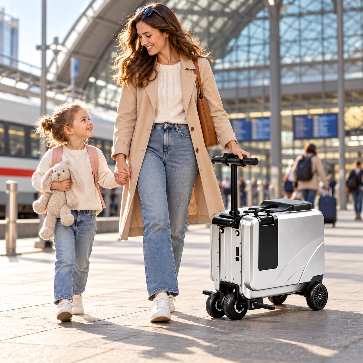 SL03 silver ride-on electric suitcase scooter with mother and child at train station