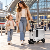 SL03 silver ride-on electric suitcase scooter with mother and child at train station