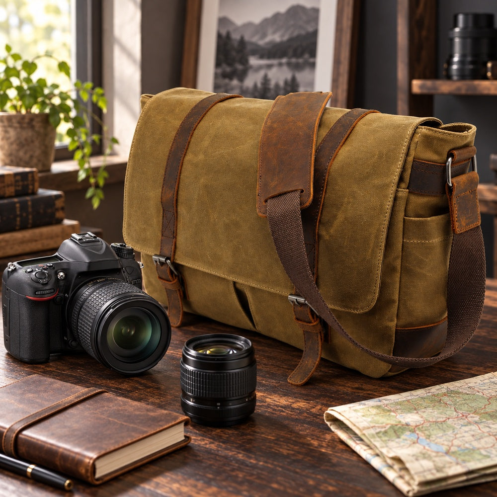 Vintage canvas leather trim camera messenger bag desk scene