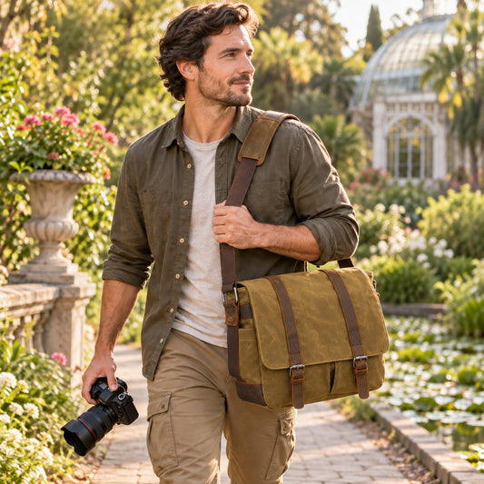 Vintage canvas leather trim camera messenger bag male model garden