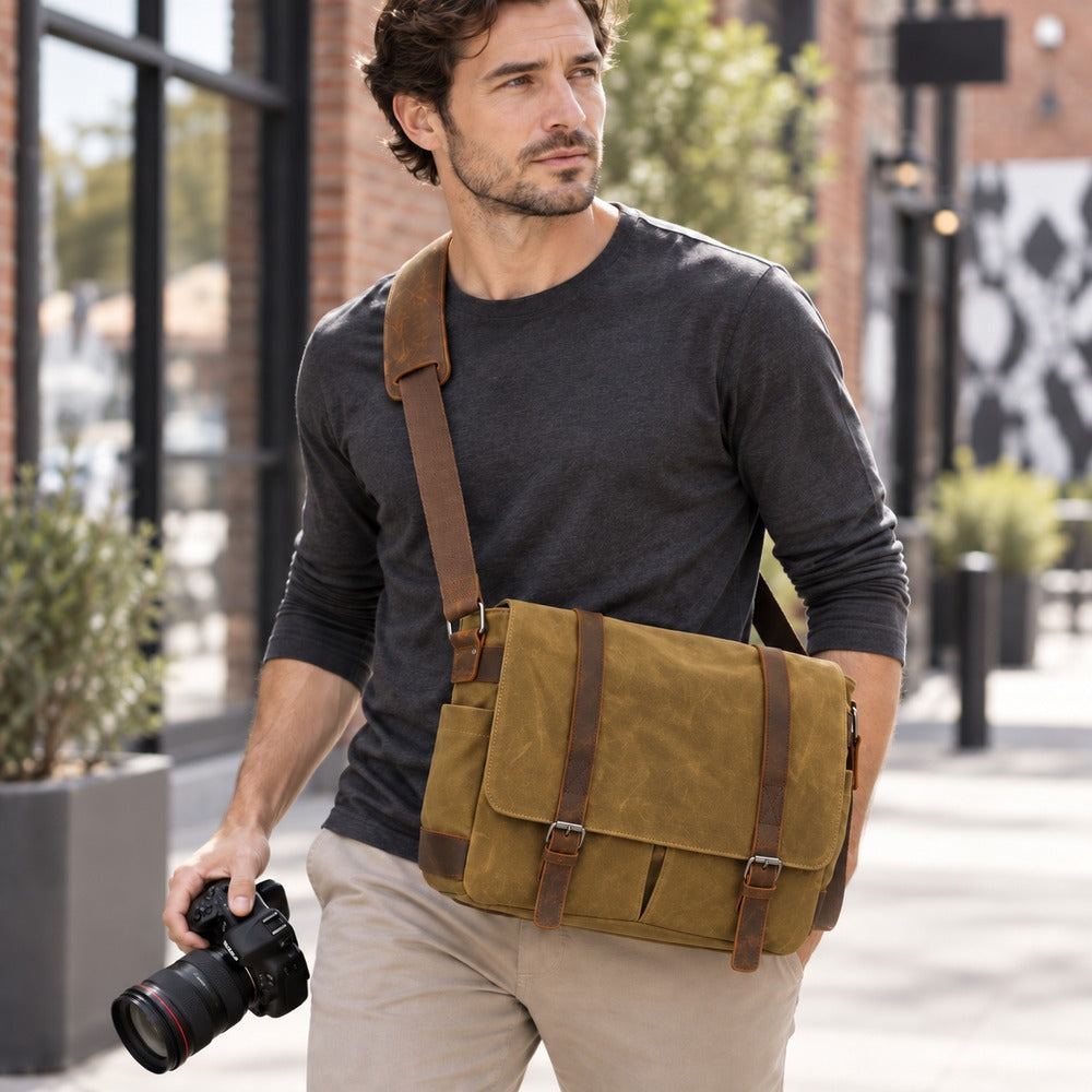 Vintage canvas leather trim camera messenger bag male model urban