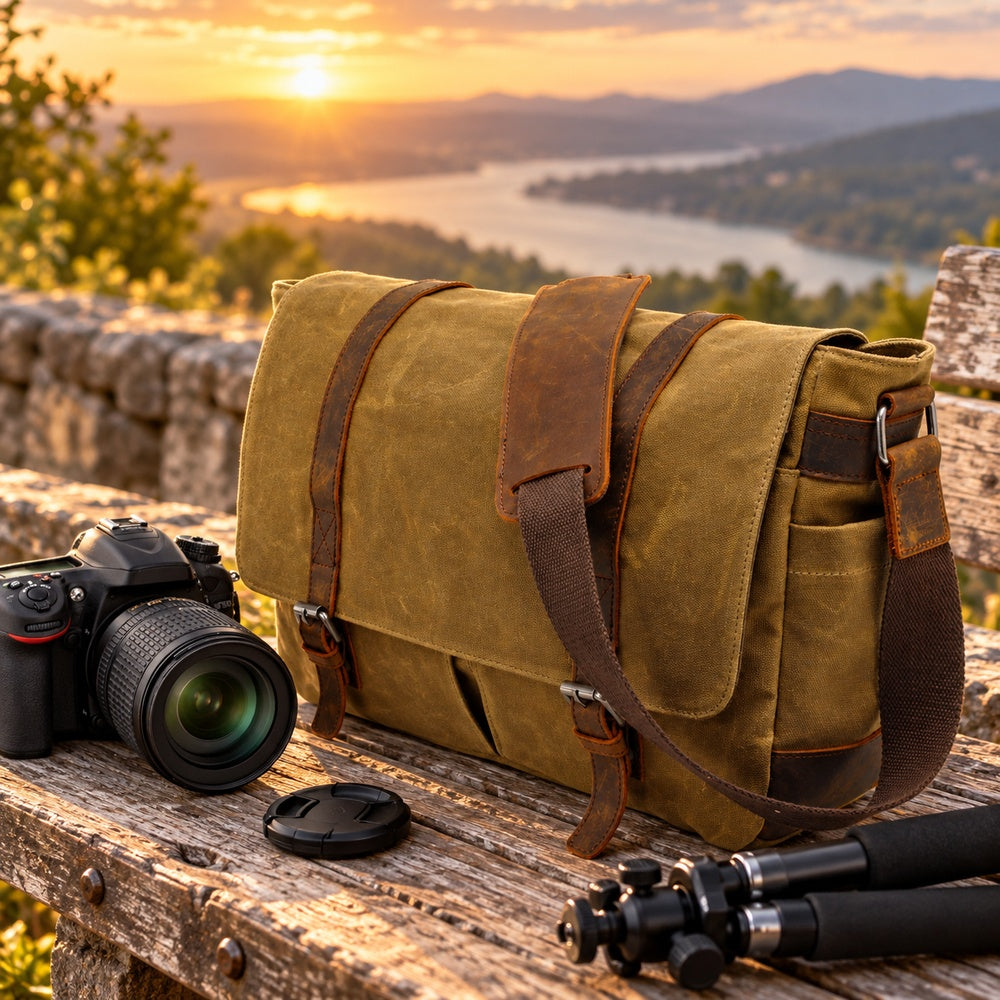 Vintage canvas leather trim camera messenger bag outdoor scene