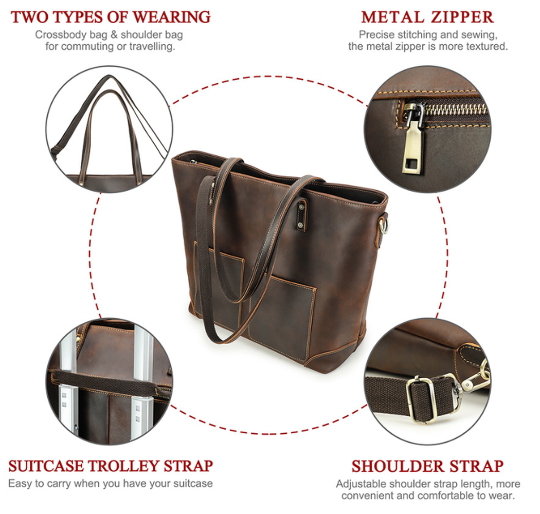 Woosir vintage crazy horse leather laptop tote bag zipper and carrying features
