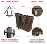 Woosir vintage crazy horse leather laptop tote bag zipper and carrying features
