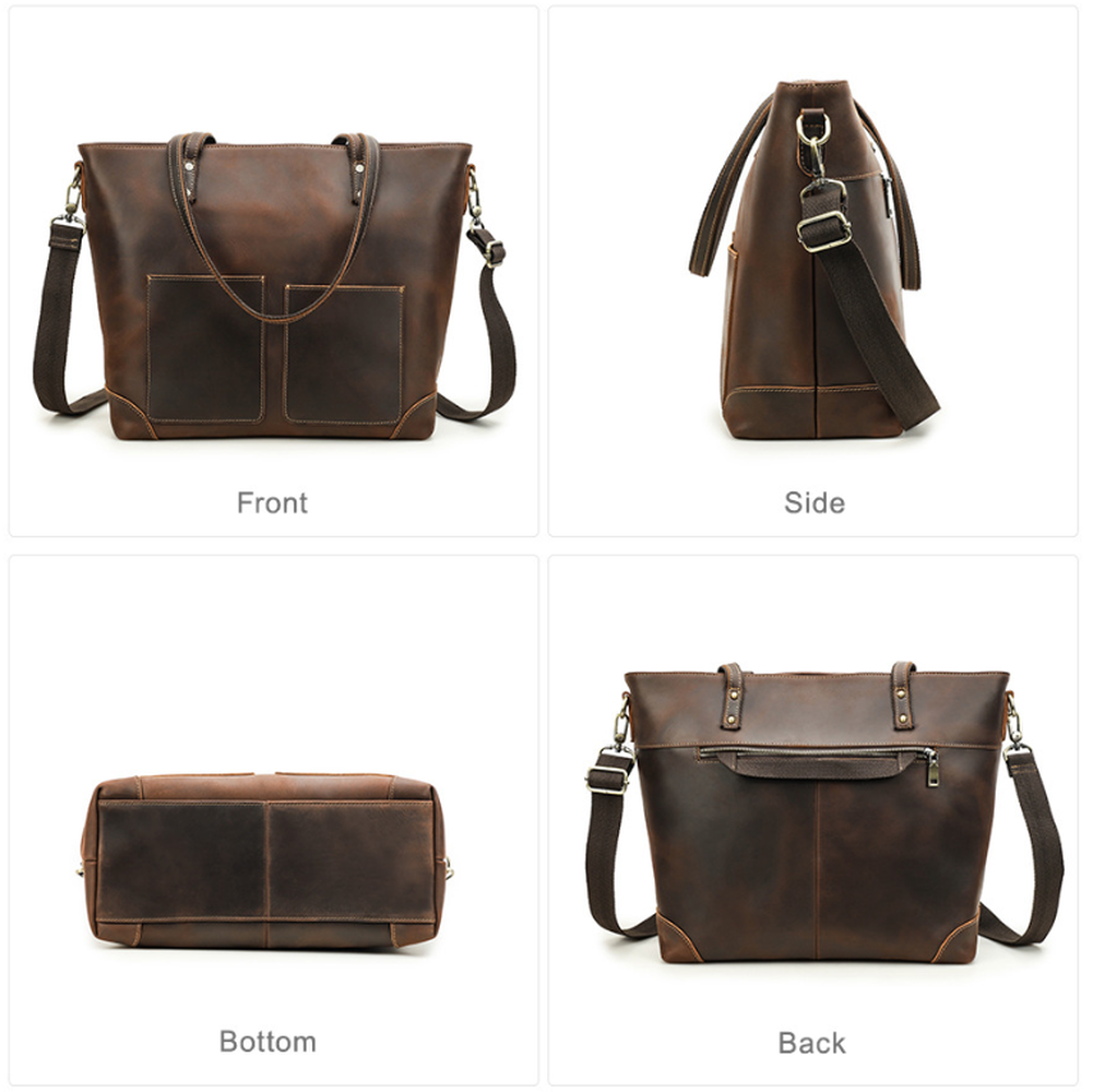 Woosir vintage crazy horse leather laptop tote bag front side bottom and back views