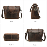 Woosir vintage crazy horse leather laptop tote bag front side bottom and back views