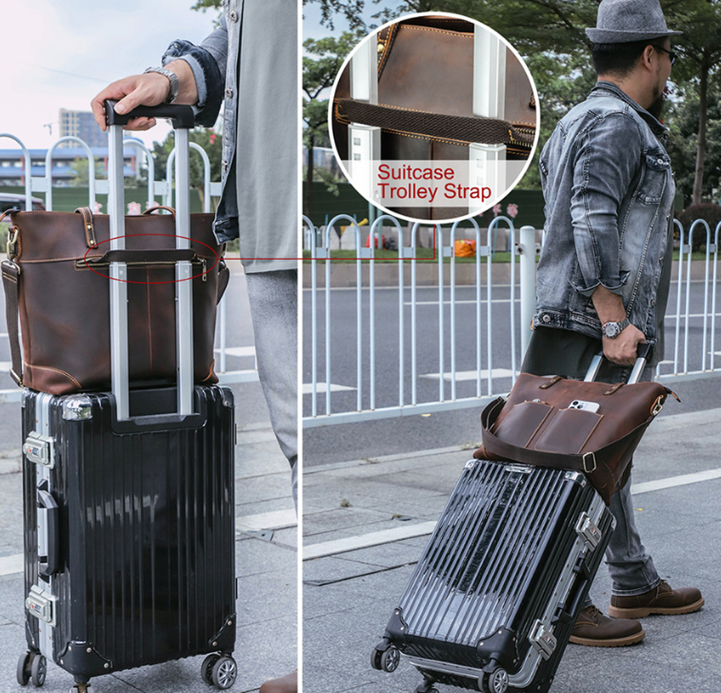 Woosir vintage crazy horse leather laptop tote bag suitcase trolley strap