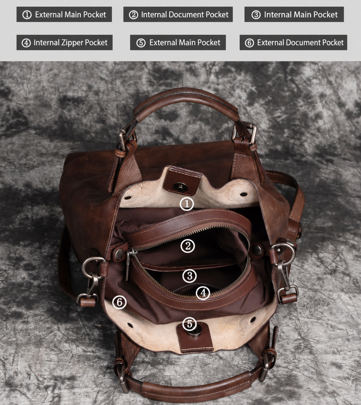 Woosir vintage full-grain leather shoulder bag compartment organization