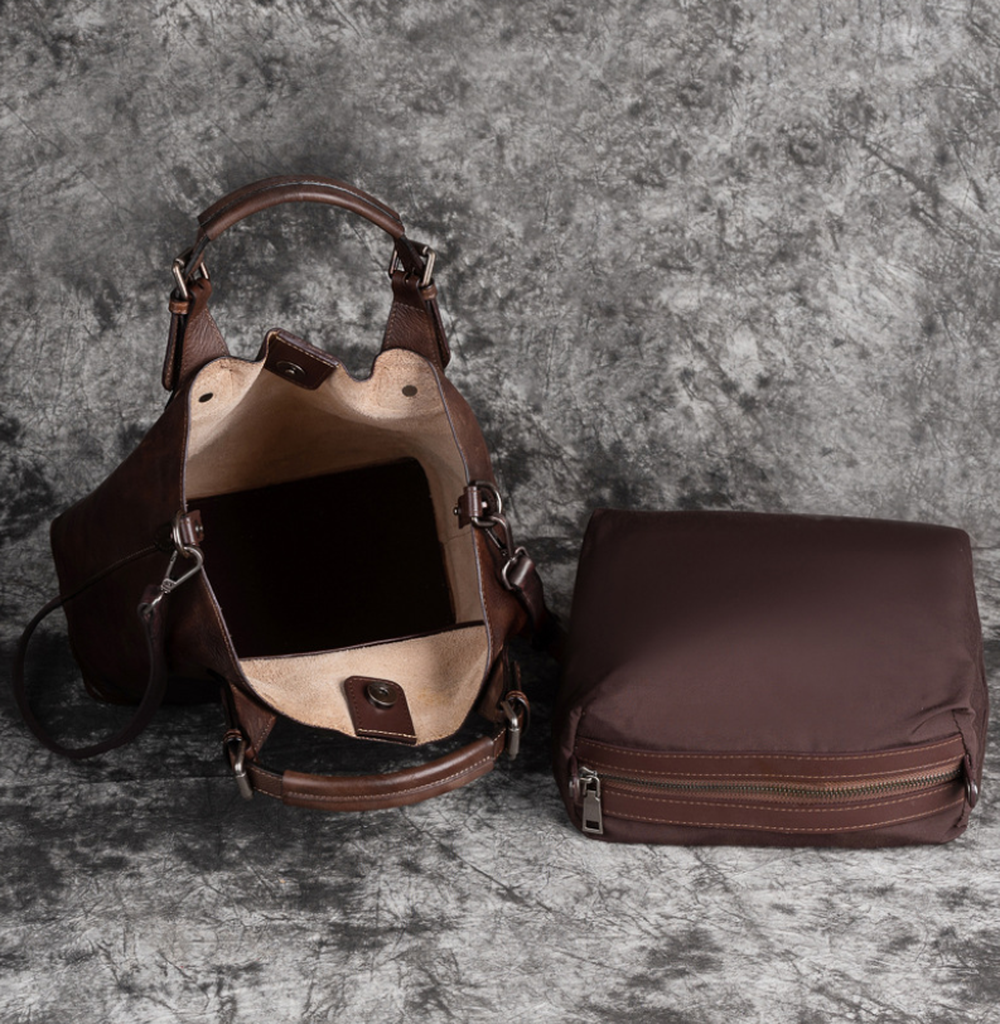 Woosir vintage full-grain leather shoulder bag open interior