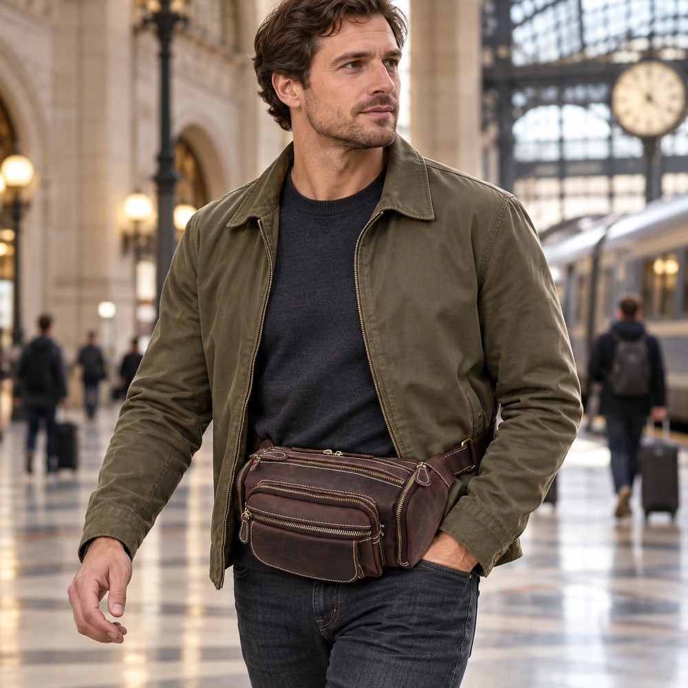 Vintage leather waist bag male model travel
