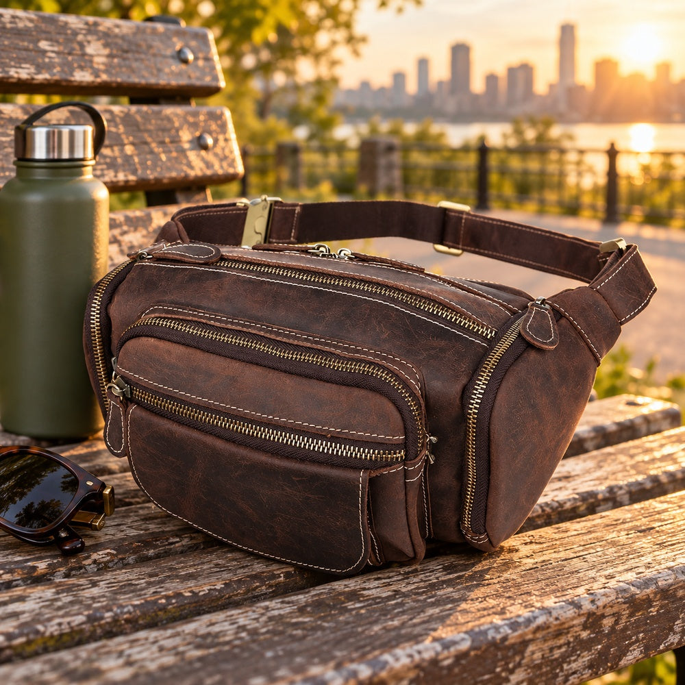 Vintage leather waist bag outdoor travel scene