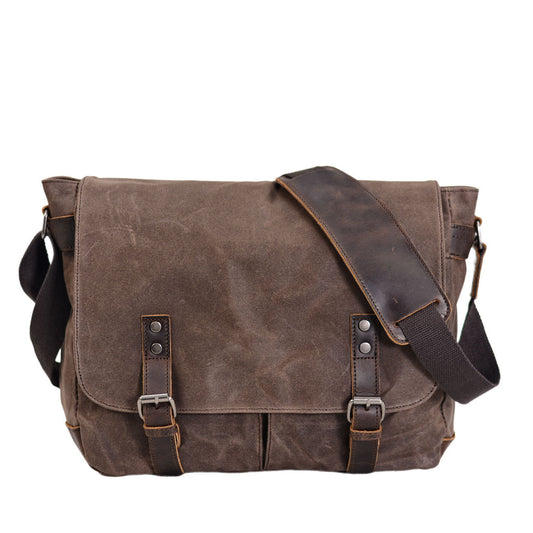 Mens Wax Canvas Messenger Bag for Laptop Coffee variant exact product front