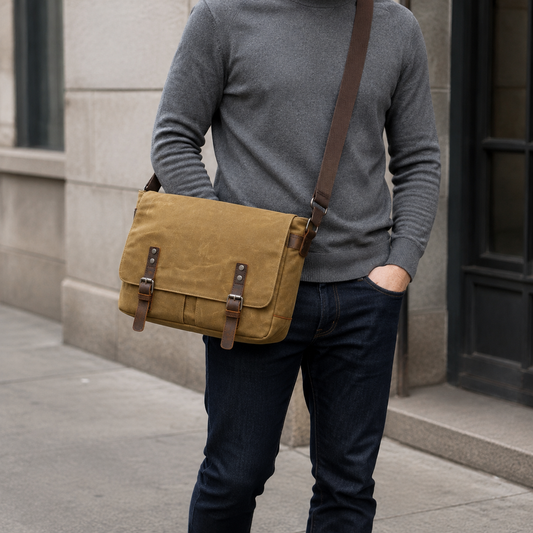 Mens Wax Canvas Messenger Bag for Laptop exact product model front
