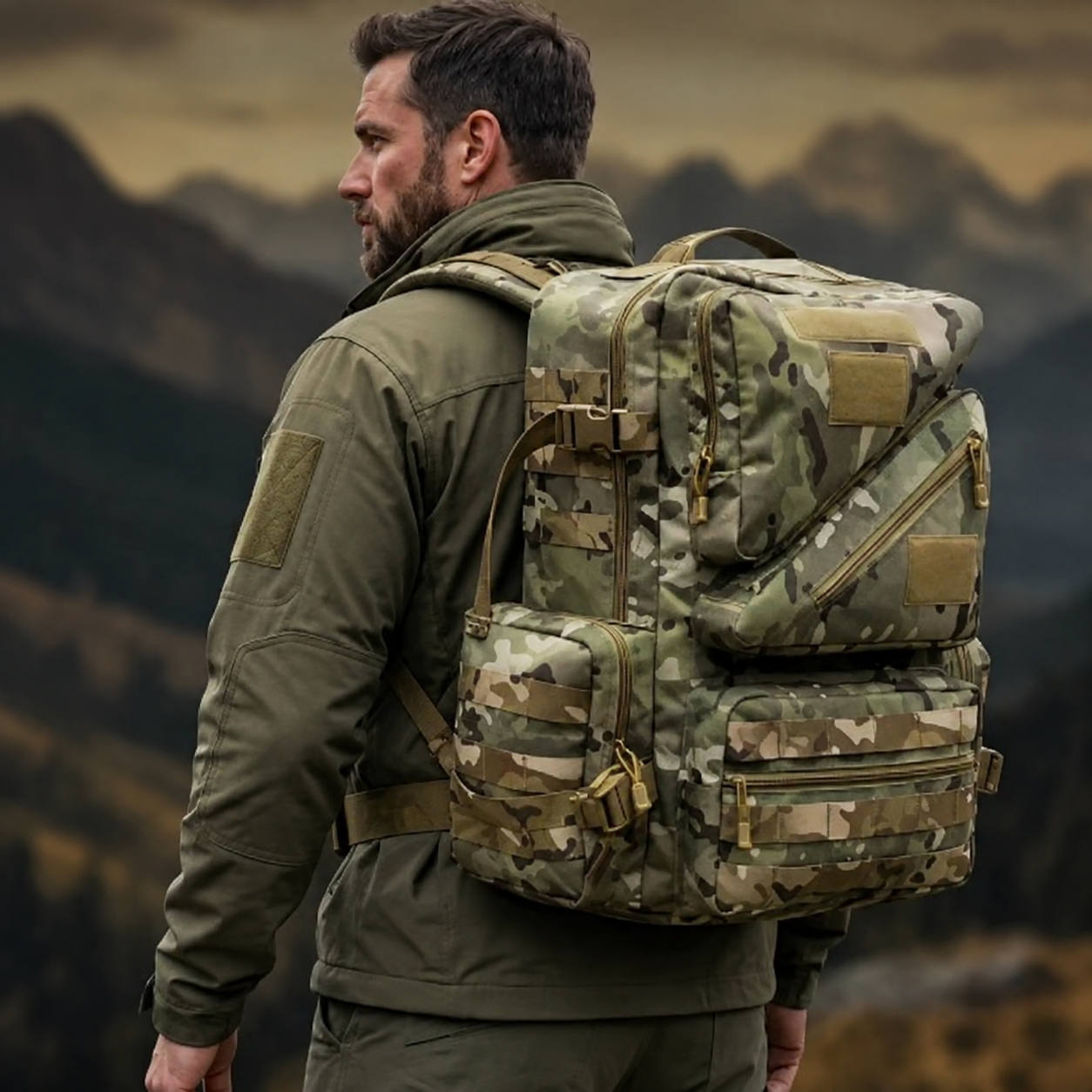 Woosir 45L Outdoor Tactical Backpack clean model lifestyle view CP variant