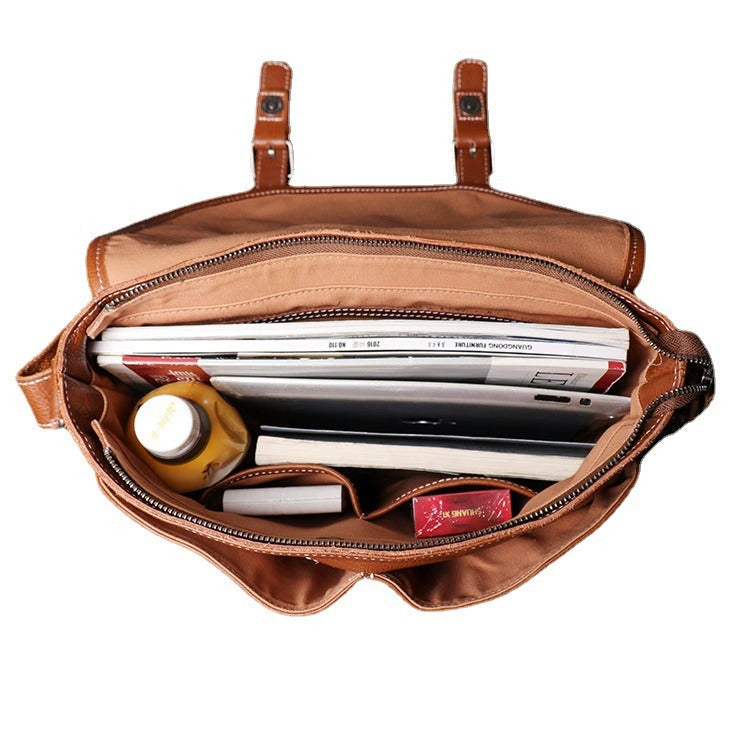 Woosir Vintage Full-Grain Leather Messenger Bag clean interior capacity view