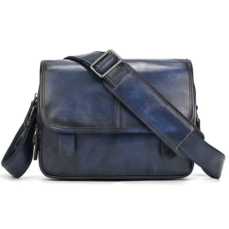 Woosir 5513 1688 high-resolution front three-quarter view Blue vegetable-tanned full-grain cowhide crossbody bag