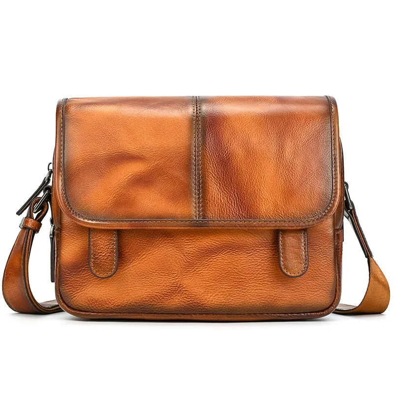 Woosir 5513 1688 high-resolution front view Brown Yellow vegetable-tanned full-grain cowhide crossbody bag