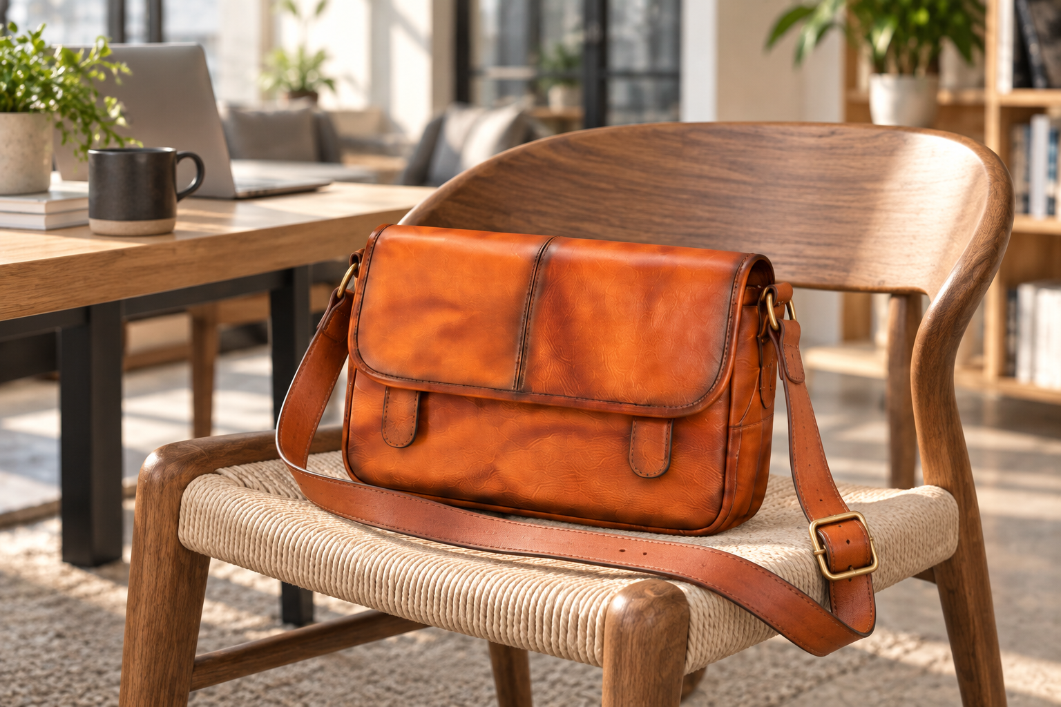 Woosir 5513 vegetable-tanned full-grain cowhide crossbody bag coworking scene