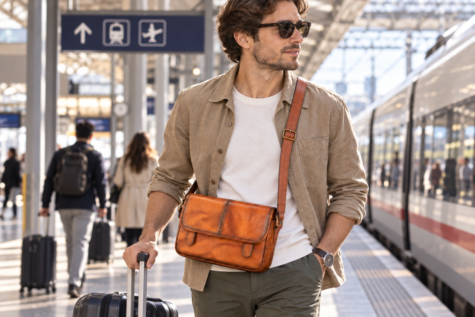 Woosir 5513 vegetable-tanned full-grain cowhide crossbody bag male model travel