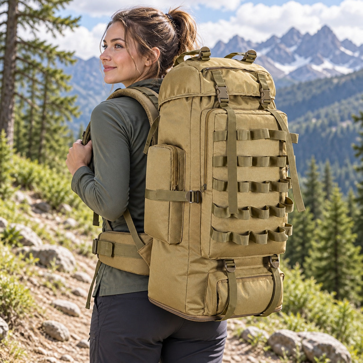 Woosir 70L 100L Camping Hiking Backpack with Rain Cover female model lifestyle
