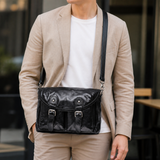 Woosir Black Full-Grain Leather Messenger Bag clean model lifestyle view