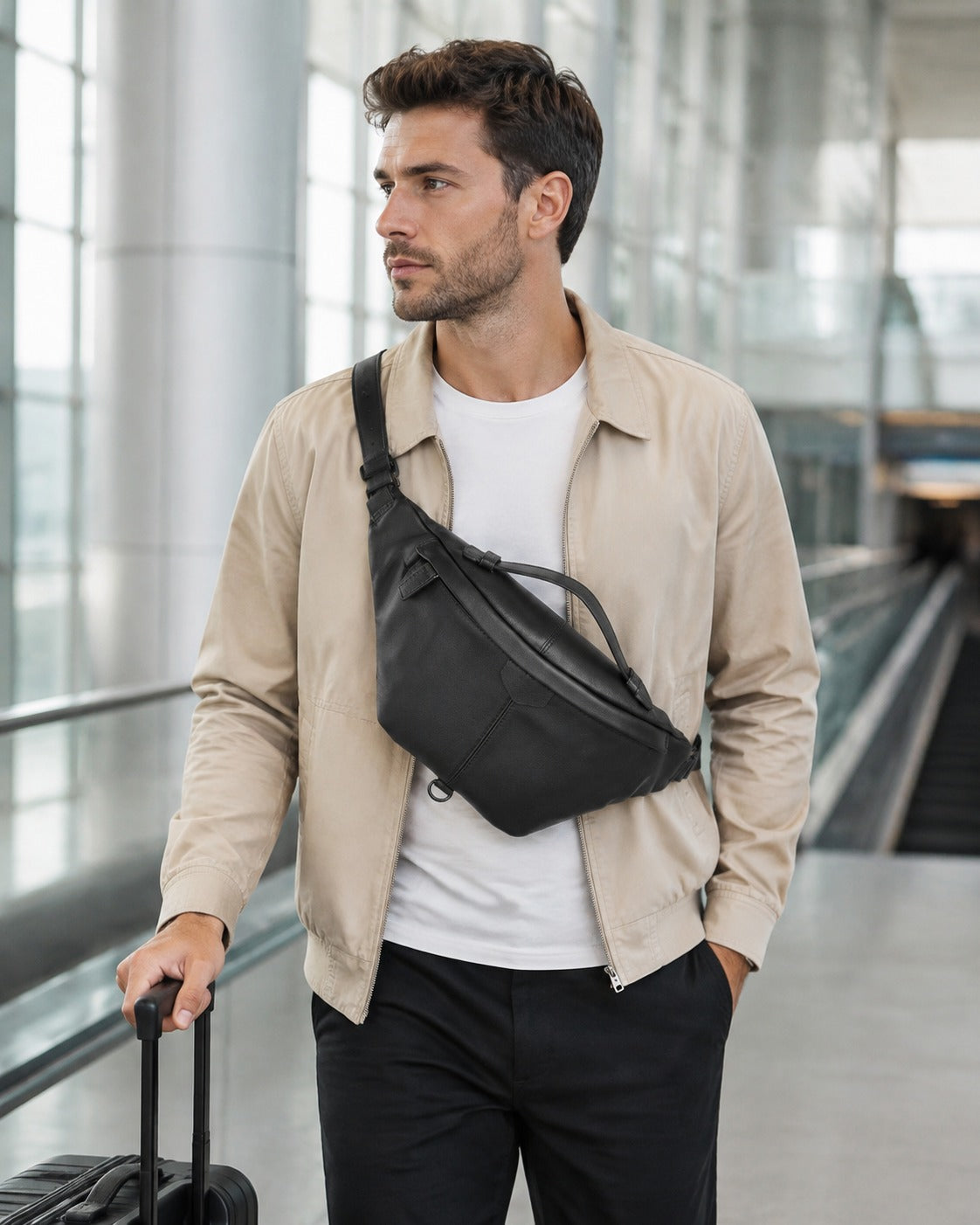 Woosir 916158 black waist chest bag model airport lifestyle