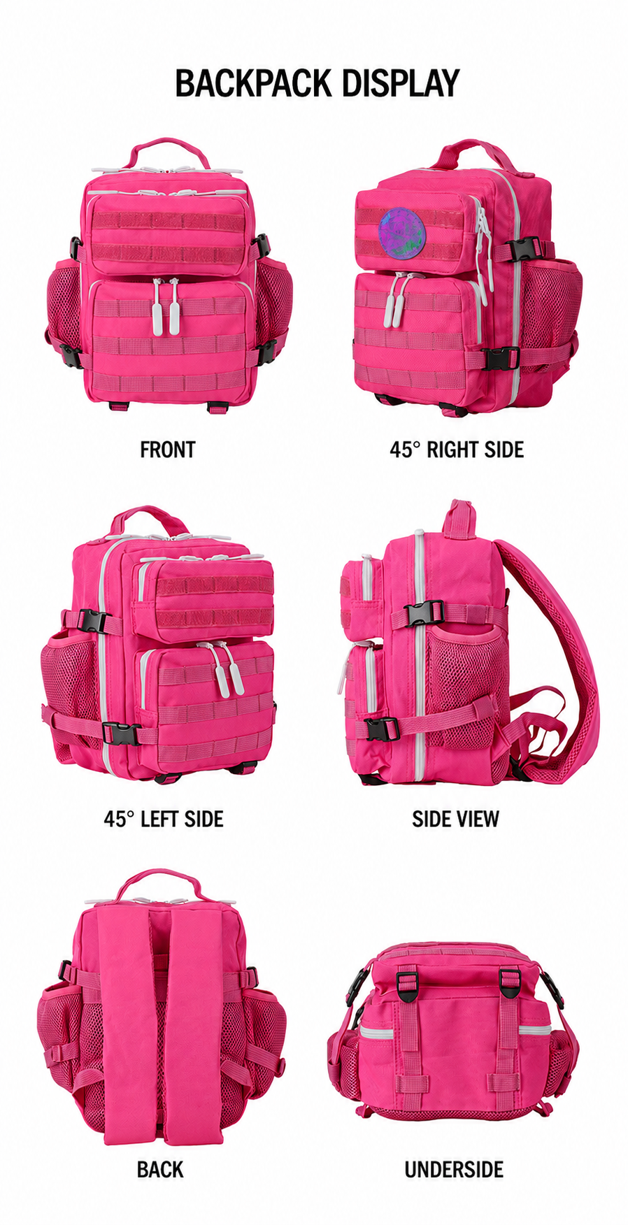 9L tactical backpack front side back and underside views